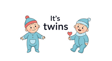 Cute cartoon baby twin boys in blue outfits, celebrating a new arrival, with \.