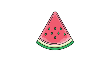 A vibrant cartoon illustration of a fresh, triangular watermelon slice with green rind and visible seeds, isolated on a white background.