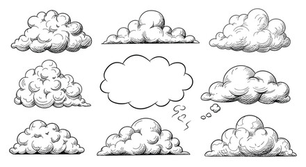 Hand-drawn cloud illustrations set, featuring various types like cumulus, speech, and thought bubbles in a classic sketch style.