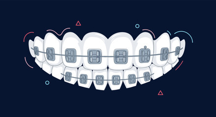 A stylized vector illustration of human teeth with dental braces, representing modern orthodontic treatment and oral health care.