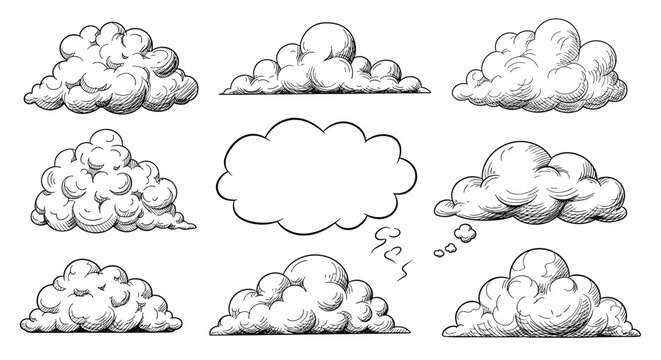 Hand-drawn cloud illustrations set, featuring various types like cumulus, speech, and thought bubbles in a classic sketch style.