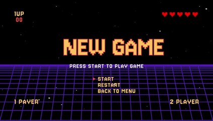 New game text retro game. Pixel art 8 bit asset game futuristic sci-fi retrowave background - Powered by Adobe