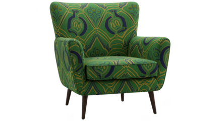 Ornate green upholstered armchair with intricate pattern isolated on transparent background