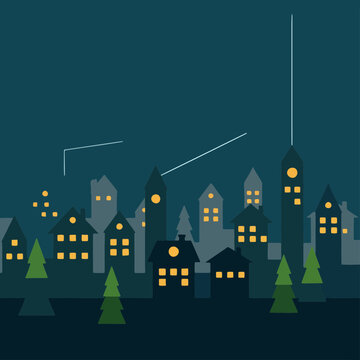 Minimalist City Skyline at Night | Flat Design Urban Landscape with Christmas Trees