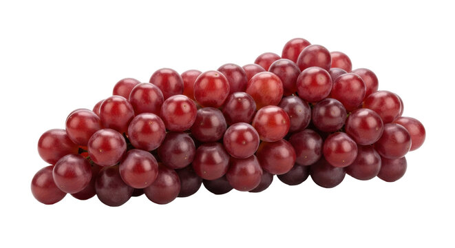 A perfectly composed bunch of pristine, plump, glistening deep red grapes, unblemished, on a transparent studio background with soft lighting, concept of freshness and natural goodness
