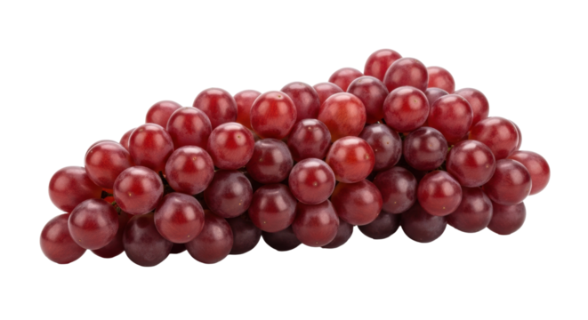 A perfectly composed bunch of pristine, plump, glistening deep red grapes, unblemished, on a transparent studio background with soft lighting, concept of freshness and natural goodness