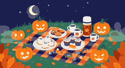 Halloween Picnic with JackoLanterns and Treats Under the Moonlight.