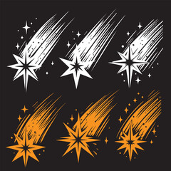 Set of  falling shooting stars on black night sky background. Crayon, pencil, pastel, charcoal childish kids vector illustration on the primary school blackboard. Bling, twinkle, glint elements
