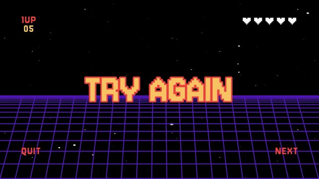 You lose Try again pixel text animation. Retro game arcade 8 bit. Retrowave video game background 4K resolution