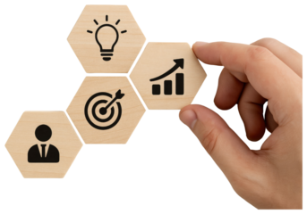 Hand Arranging Hexagonal Wooden Blocks with Business Icons graphic design isolated on a transparent background