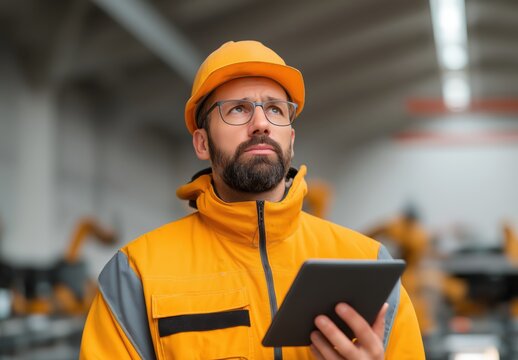 A robotics engineer in safety gear monitors an automated line while analyzing data on a tablet