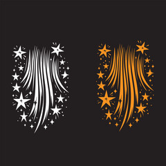 Set of golden, falling shooting stars on black night sky background. Crayon, pencil, pastel, charcoal childish kids vector illustration on the primary school blackboard. Bling, twinkle, glint elements