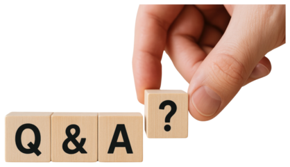 Hand holding a wooden cube with a question mark, completing Q and A blocks answer QandA isolated on a transparent background