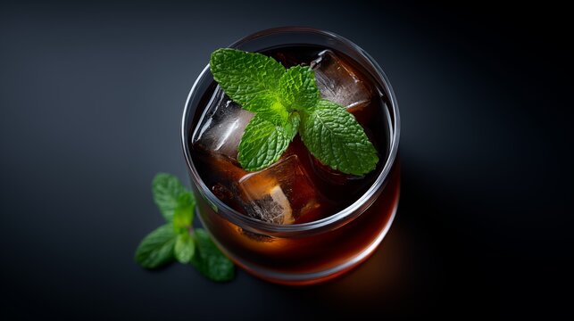 Fernet and cola cocktail with ice and fresh mint in round glass on dark background, top view
