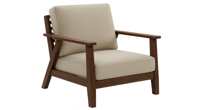 Modern wooden armchair with beige upholstery isolated on transparent background