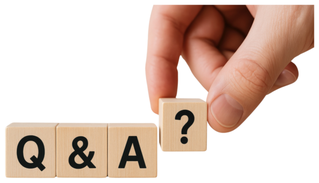 Hand holding a wooden cube with a question mark, completing Q and A blocks answer QandA isolated on a transparent background