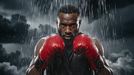 An intense cinematic portrait of a muscular African American boxer ready for a fight. The determined athlete wears red gloves and stands in a defensive guard position amidst pouring rain and a stormy  - Powered by Adobe