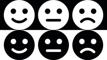 Six emoji faces showing happy neutral and sad emotions in black and white