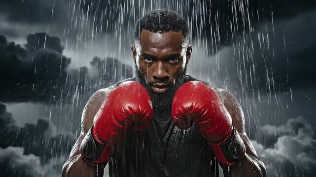 An intense cinematic portrait of a muscular African American boxer ready for a fight. The determined athlete wears red gloves and stands in a defensive guard position amidst pouring rain and a stormy