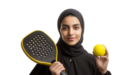 Confident young arab girl wearing hijab posing with a padel racket and yellow ball isolated on white background, cut out png