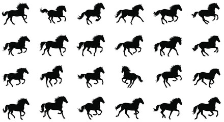 Running horse silhouettes in various gallop poses, isolated on