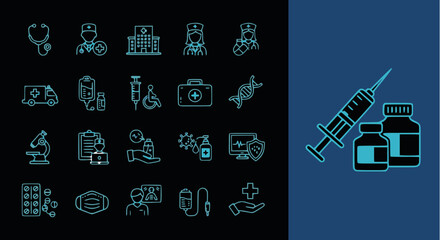 Detailed neon line vector icon set for hospital care, emergency medicine, and public health, featuring symbols for ambulance, syringe, and doctor.