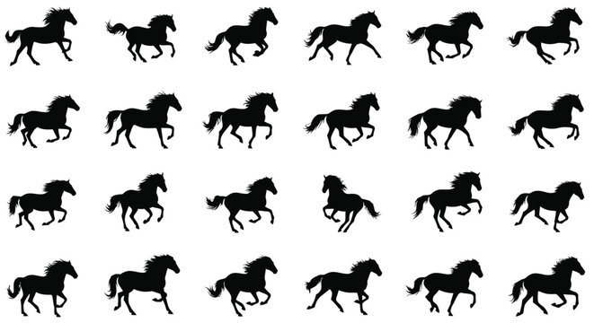 Running horse silhouettes in various gallop poses, isolated on
