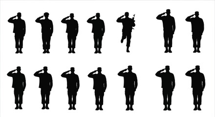 Silhouettes of saluting soldiers in various poses isolated on