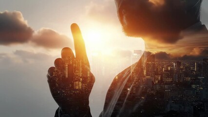 Artistic double exposure concept featuring the silhouette of a businessman pointing his finger upward, blended seamlessly with a glowing modern cityscape at sunset. This creative visual represents cor - Powered by Adobe