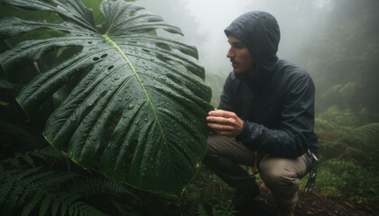 Man in hooded jacket observing a giant leaf in a misty tropical forest.