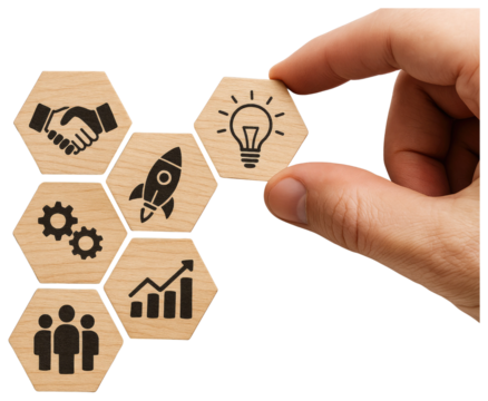 Hand placing lightbulb hexagon tile onto arrangement of business concept icons on wooden hexagons idea isolated on a transparent background