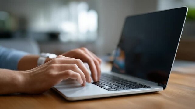 Laptop user working : A close-up shot capturing a person's hands diligently typing on a sleek laptop keyboard. Focus is on the hands and the laptop.