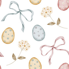 Materiał do szycia Pastel easter pattern with eggs and bows. Cute floral art in soft watercolor. Whimsical festive design for greeting decor.