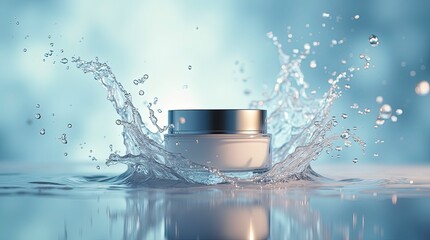 A luxury cosmetic cream jar splashing in clear water, dynamic water droplets frozen in motion, crystal reflections, soft bokeh background with blue and warm tones,