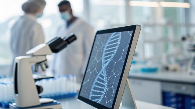 A laboratory scene featuring a microscope and a digital display of DNA, with scientists in the background, illustrating advanced research and biotechnology.
