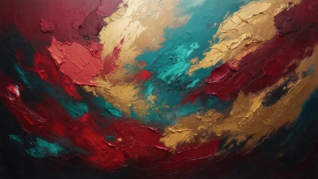 Textured abstract painting with brushstrokes in red, gold, teal, and brown hues