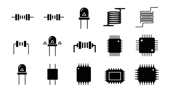 A collection of black silhouette icons representing various electronic components like resistors, LEDs, inductors, and microchips.