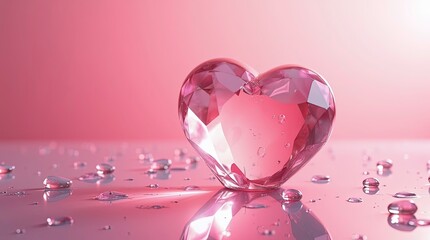 3d glass heart made of transparent pink crystal glowing softly under warm pink lighting, , placed on a reflective surface with scattered water droplets around it.