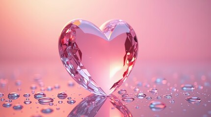 3d glass heart made of transparent pink crystal glowing softly under warm pink lighting, , placed on a reflective surface with scattered water droplets around it.