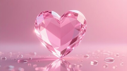 3d glass heart made of transparent pink crystal glowing softly under warm pink lighting, , placed on a reflective surface with scattered water droplets around it.