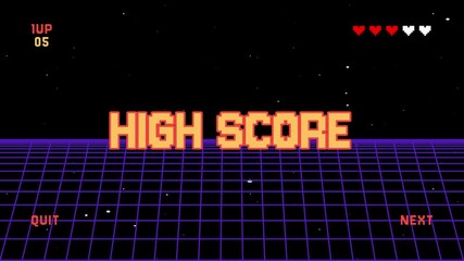 High score text retro game. Pixel art 8 bit asset game futuristic sci-fi retrowave background - Powered by Adobe