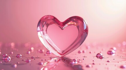 3d glass heart made of transparent pink crystal glowing softly under warm pink lighting, , placed on a reflective surface with scattered water droplets around it.