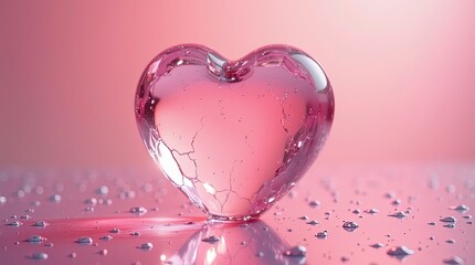 3d glass heart made of transparent pink crystal glowing softly under warm pink lighting, , placed on a reflective surface with scattered water droplets around it.