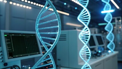 A glowing DNA double helix stands prominently in a modern laboratory, showcasing advanced technology and genetics research.