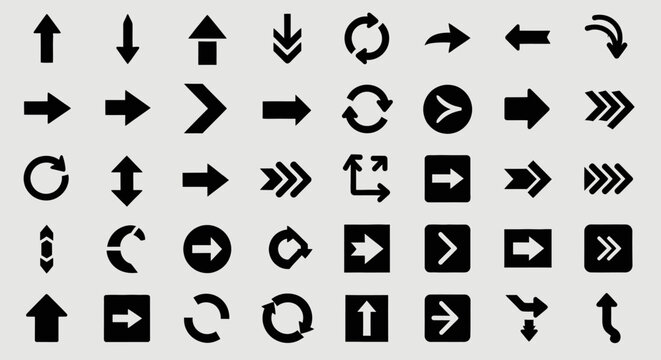 A comprehensive collection of various black arrow icons and symbols on a light gray background.