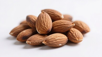 Close up shot of brown almond heap nuts on white background. Healthy tasty vegan food snack ingredient.