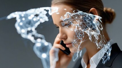 Connected Communication: A businesswoman engages in a vital phone call, immersed in a futuristic world of technology and global connectivity, represented by a digital overlay. - Powered by Adobe