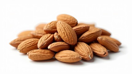 Close up shot of brown almond heap nuts on white background. Healthy tasty vegan food snack ingredient.