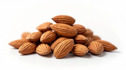 Close up shot of brown almond heap nuts on white background. Healthy tasty vegan food snack ingredient.