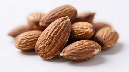 Close up shot of brown almond heap nuts on white background. Healthy tasty vegan food snack ingredient.